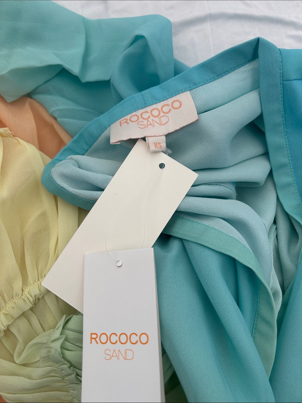 Rococo Sand Pastel Gradient Chiffon Dress in Aqua, Mint, Peach & Lemon - Picture 2 of 3